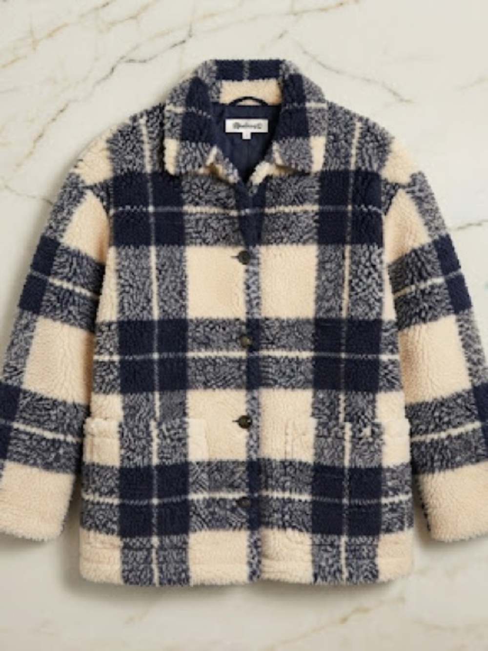 Women’s Navy & Cream Plaid Sherpa Coat